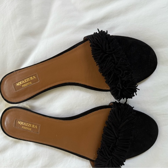 Aquazzura Black Fringe Slide Sandals - Picture 1 of 3